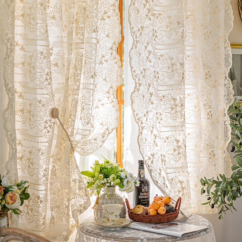 French Cream White Pastoral Elegant Double Layer Short Lace Gauze Tulle Curtains Rod Pocket Partition Door Window Decor 1pc