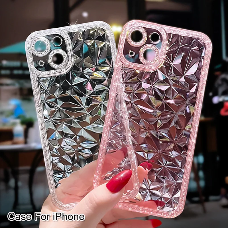Funda de teléfono con diseño de diamante para IPhone 16 15 14 13 12 Pro Max 11 XS XR 7 8 Plus SE2/SE3, funda trasera transparente a prueba de golpes