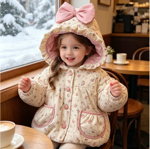 女の子の綿の服 2026 春と秋の新しい子供服韓国スタイルの女の子ベビーピンクのリボン花柄フード付き綿服 1