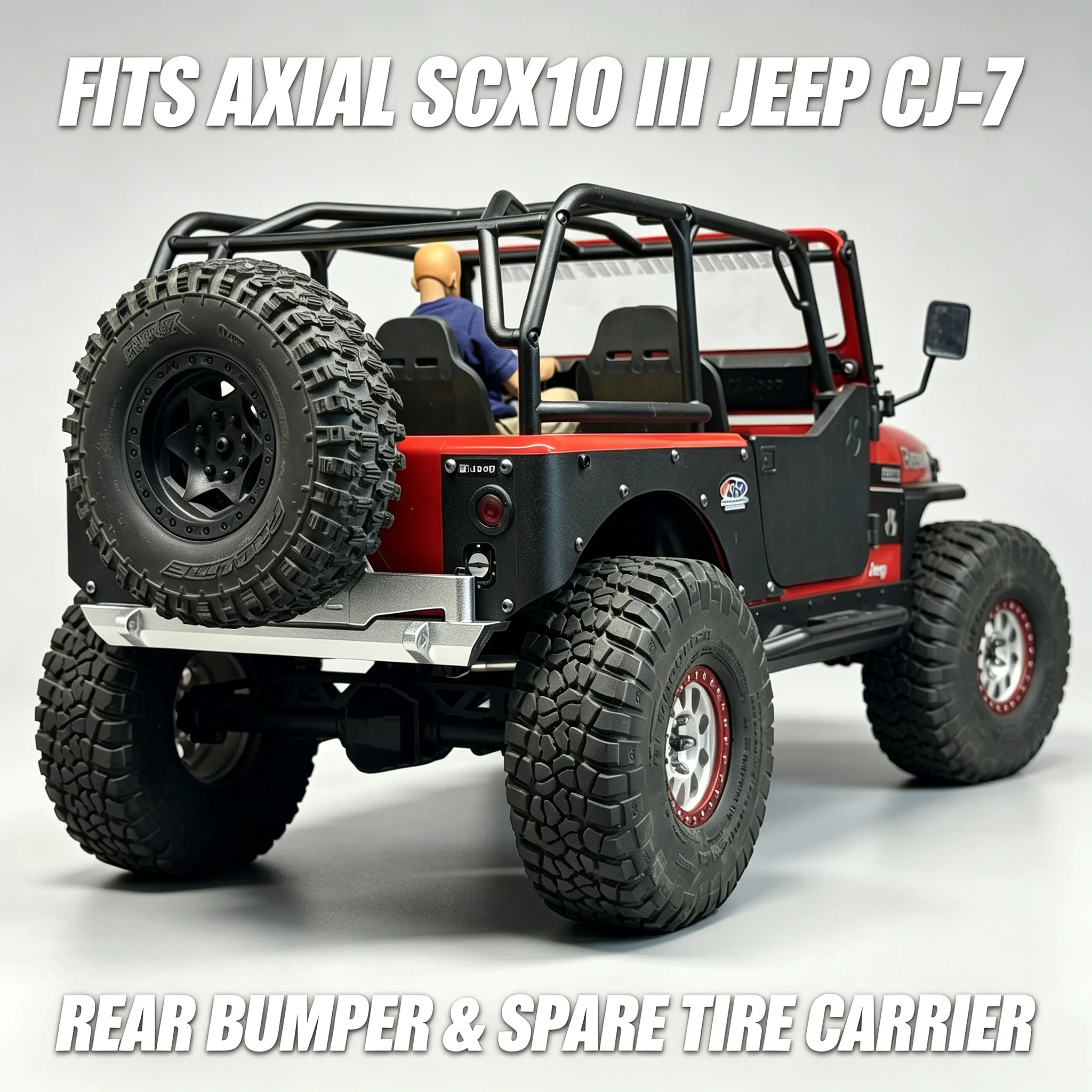 Fits Axial SCX10 III Jeep CJ-7 CNC 6061 Aluminum Rear Bumper & Spare Tire Carrier Bolt-on 1/10 RC Crawler