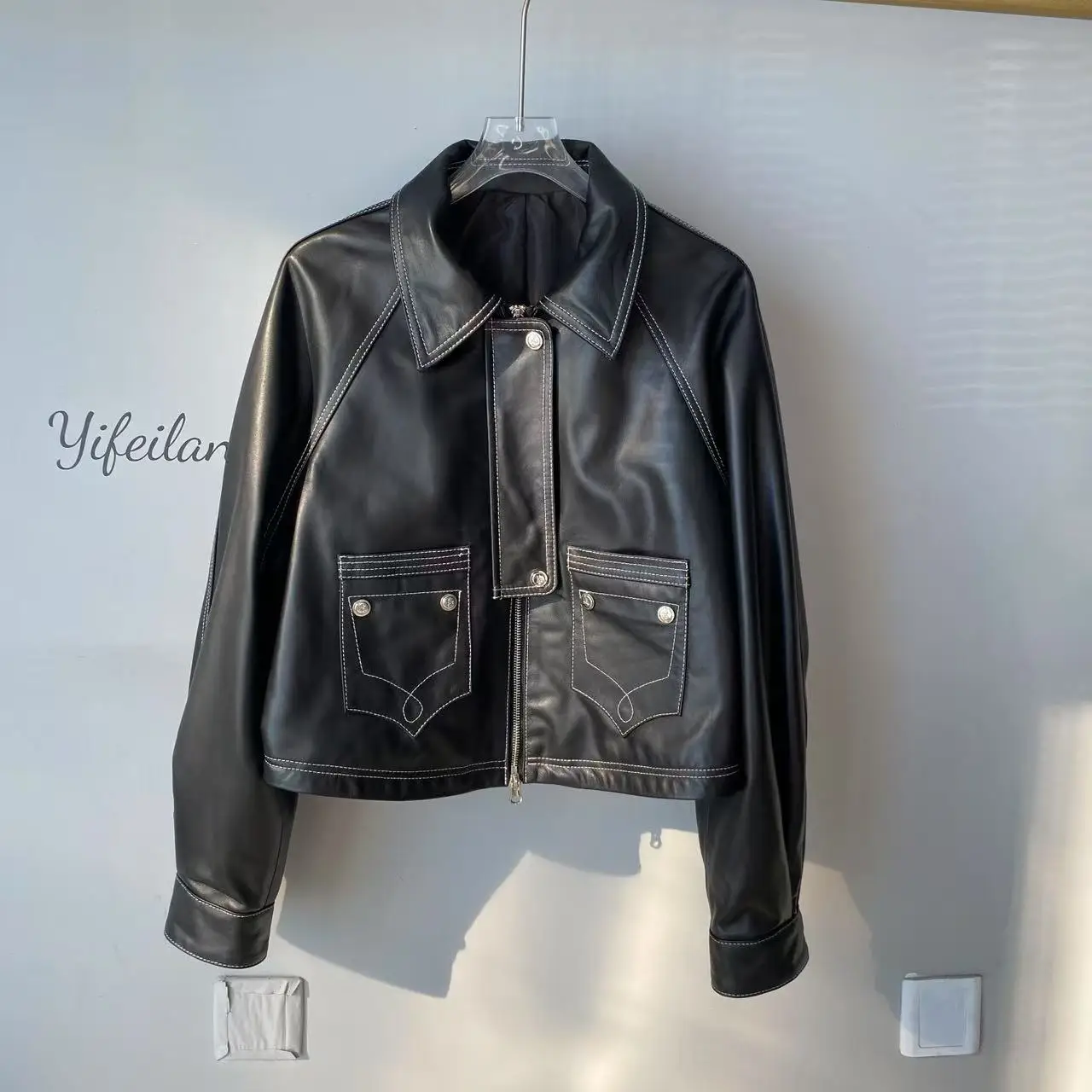 Faionable ort Jaet de cuero genuino para mujer, abrigo de piel sintética, conjunto de falda y top, otoño 2025, para ir al trabajo, corte holgado, largo Sl...