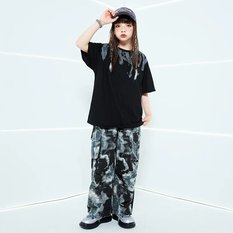 Nuovo Costume da ballo di strada Hip Hop per ragazzi e ragazze abiti da spettacolo maglietta nera pantaloni larghi set di abbigliamento per adolescenti di moda