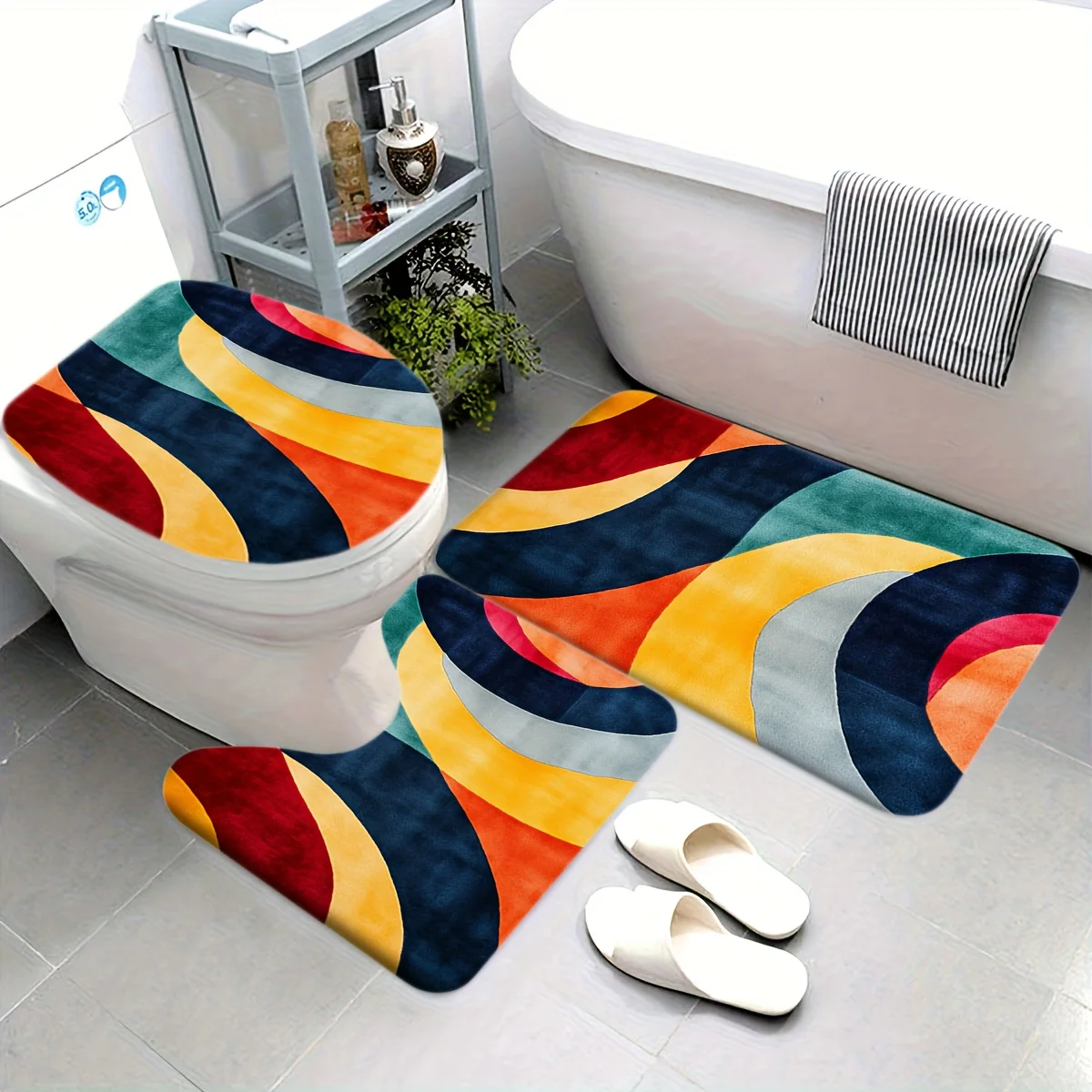 

Абстрактный полосатый набор для ванной из трех предметов: коврик, чехол на крышку унитаза и U-образный коврик, мягкий фланелевый, с эффектом памяти, нескользящий, для декора ванной комнаты