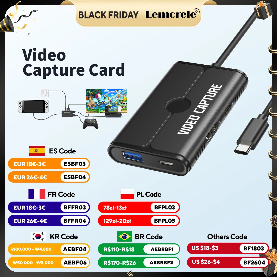 

Lemorele Video Capture Card With 100W PD Type-C to HDMI/USB Video Recorder for Game Recording Live Streaming USB 3.0 Grabber