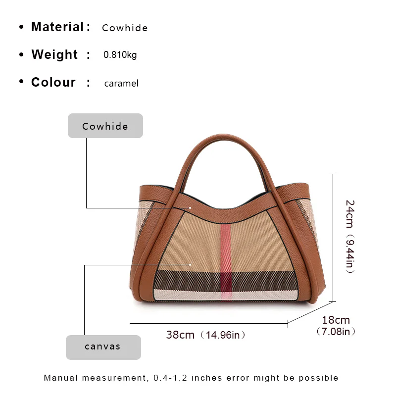 Aidrani-Bolso de mano Retro a cuadros para mujer, bolso de mano de lona de gran capacidad a la moda y avanzado con piel de vaca, novedad de 2024