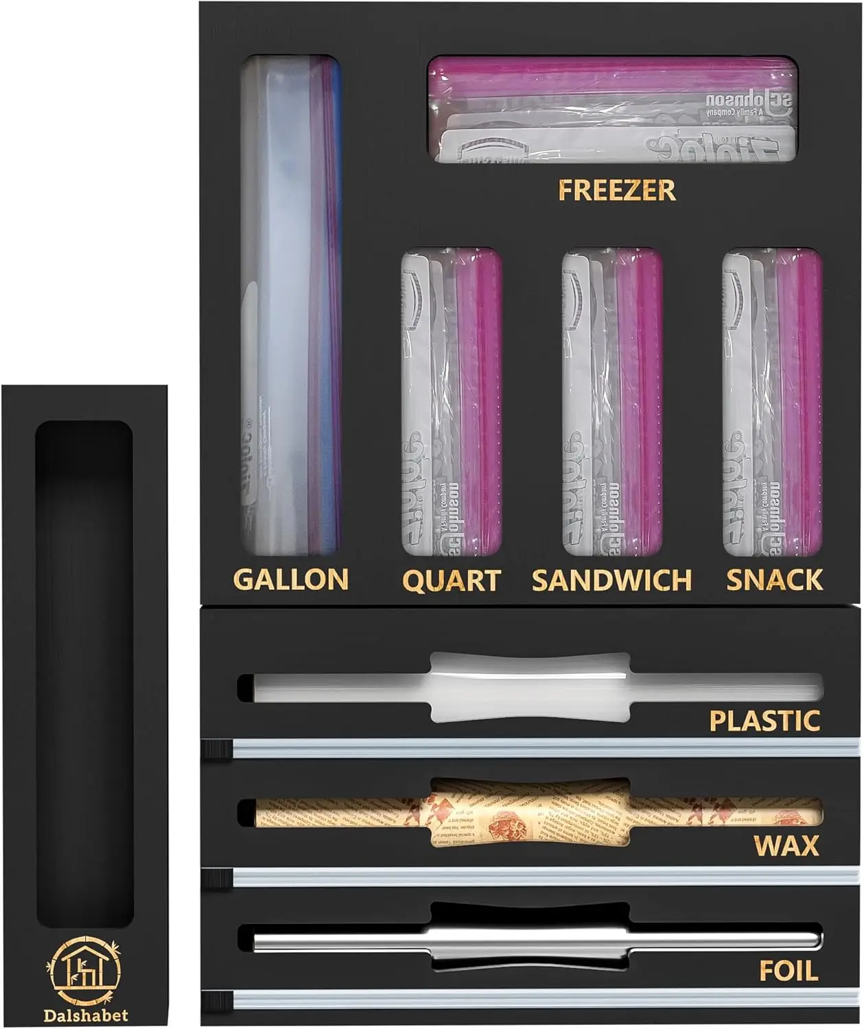 

9 IN1 Bamboo Storage Bag Drawer Organizer with Cutter, Foil and Plastic Wrap Dispenser for Kitchen Storage Compatible w