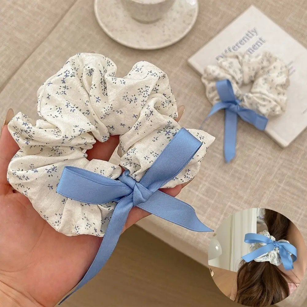 Gentle Sweet Blue Floral Scrunchies Hair Accessories Simple Hair Bands Women Girls Ponytail Holder Hair Rubber Bands Hair Ties