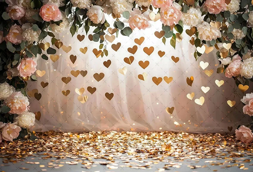 Mehofond Photography Background Valentine's Day Golden Wall Floral Love Heart Kids Birthday Portrait Decor Backdrop Photo Studio