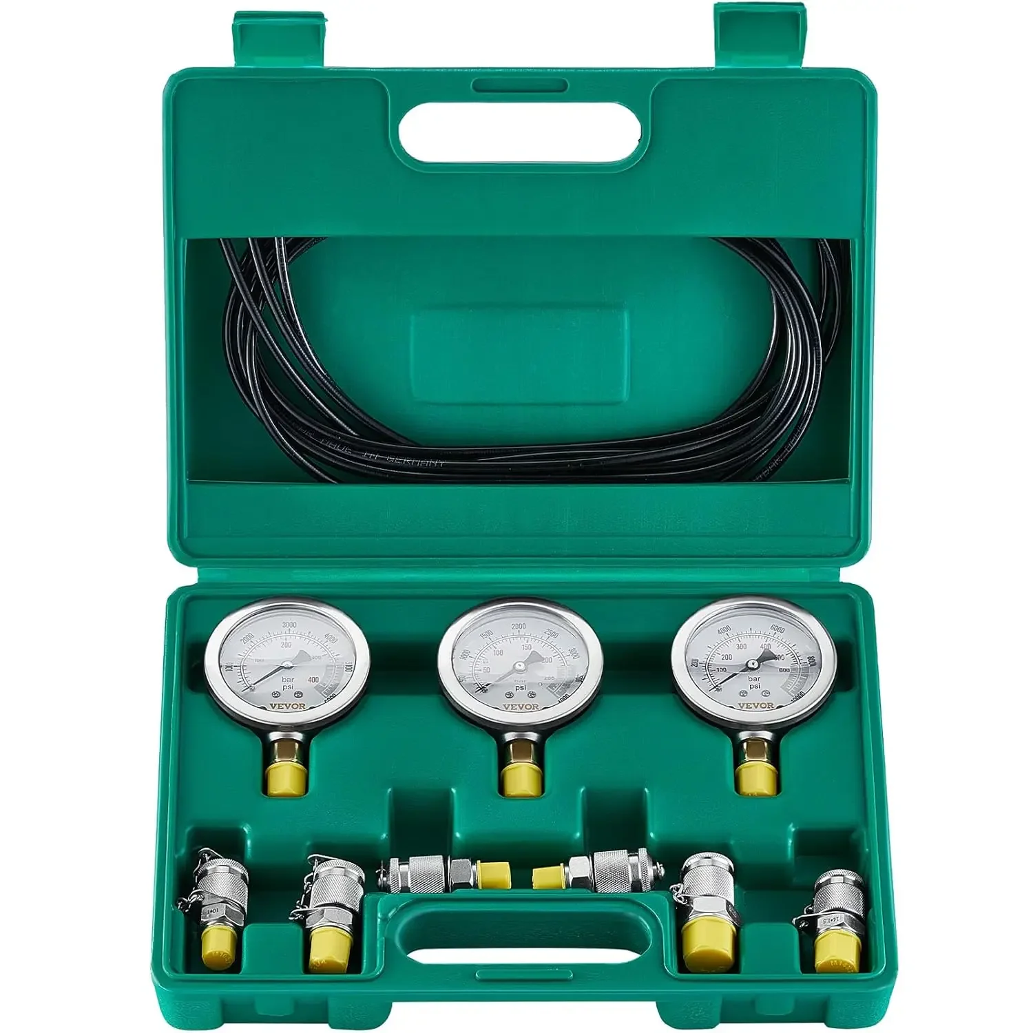 Hydraulic Pressure Test Kit, 250/400/600bar, 3 Gauges 6 Test Couplings 3 Test Hoses, Excavator Hydraulic Test Gauge Set