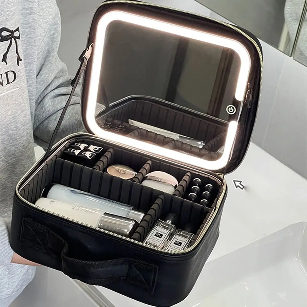 Multi-compartments Makeup Bag with LED Lights Detachable Dividers Large Capacity Cosmetic Case with Mirror 3 Color Lights