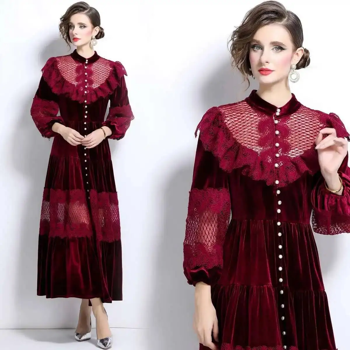 Fashion Autumn Winter Single Breasted Pearls Long Sleeve Lace Velvet Dress Women Ruffles A Line Maxi Prom Dresses Lady