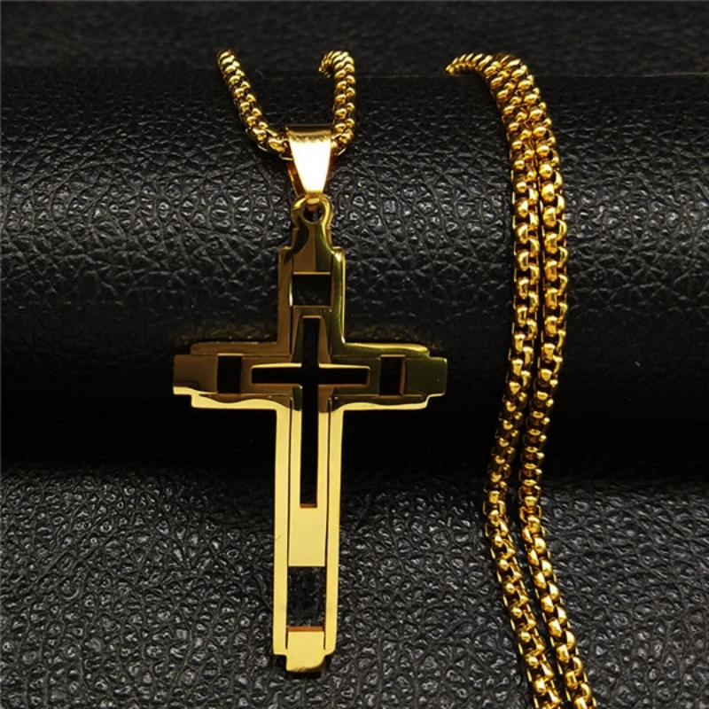 HNSP Stainless Steel Hollow Cross Necklace For Men Women Pendant Chain Jewelry Accessories