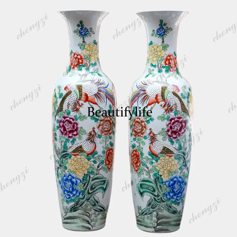 B56 Jingdezhen Ceramics, Pastel Phoenix Peony Modern Floor Bottle, Living Room, Home Furnishing, Hotel Decoration