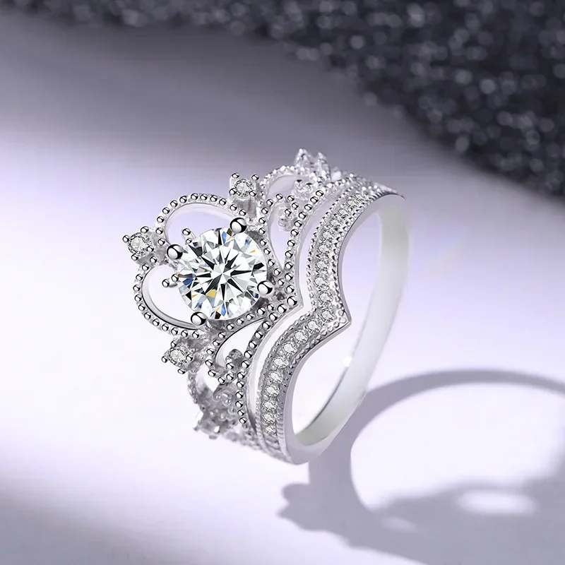 Vintage Crown & V-Shaped Matching Rings Set Silver-Plated Rhinestone Cluster Stacking Band Elegant Wedding Promise Finger Jewelry