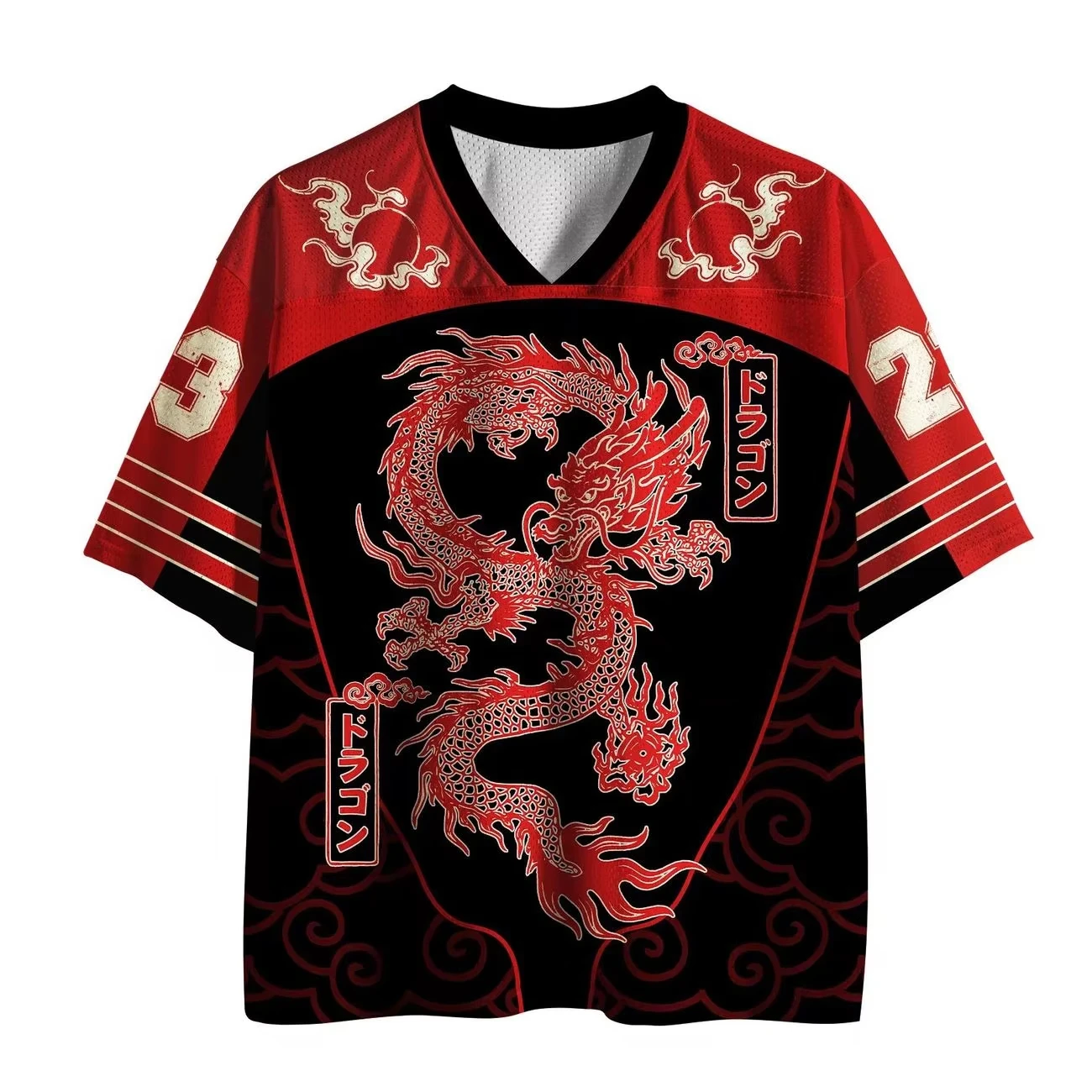 2026 Chinese Dragon Art Fan Jersey Short Sleeve Block Flame Cloud Pattern Number 32 Kanji Print Sports Tee for Adults Kids