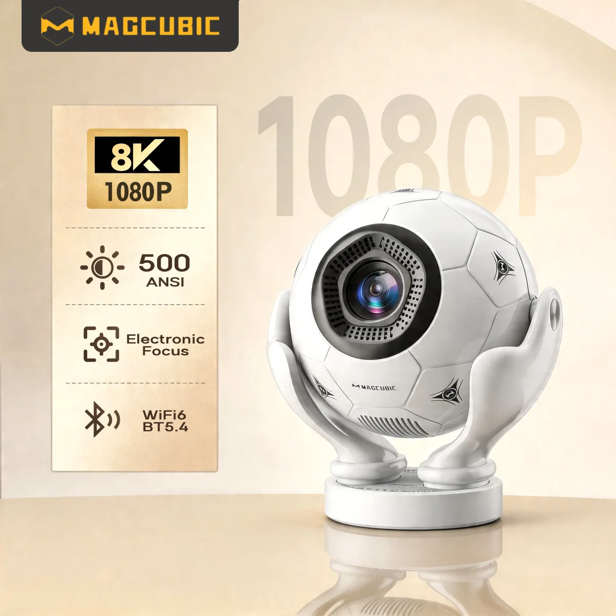 Magcubic HY320F 8K Android 14 Projector 500ANSI with Football Styling WiFi6 BT5.4 Voice Control for Outdoor Movie Nights & Home Entertainment