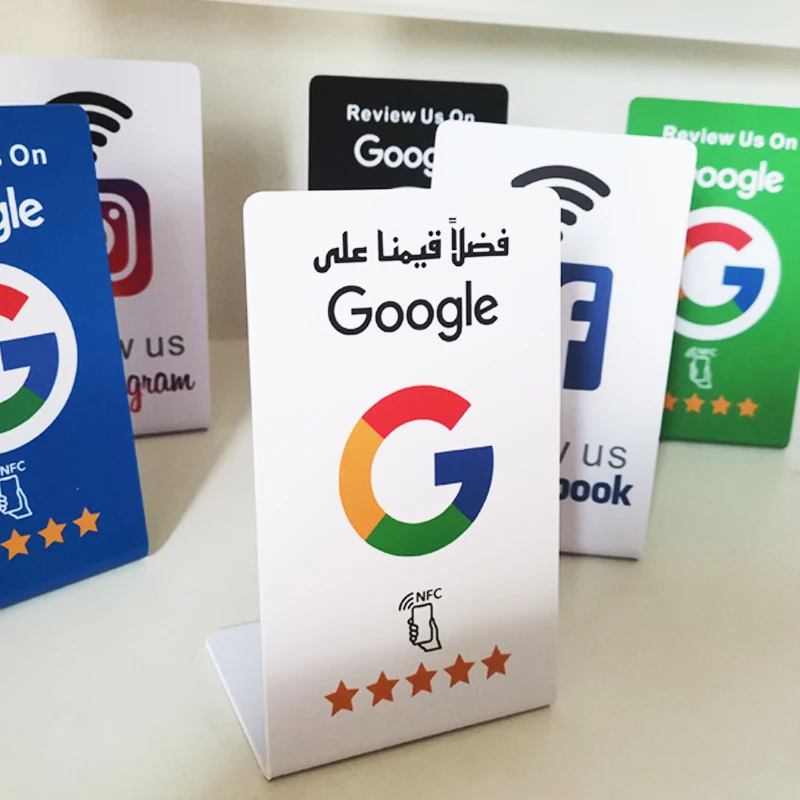 Arabic Writing Google Reviews NFC Stand Tap URL Social Business Review Cards