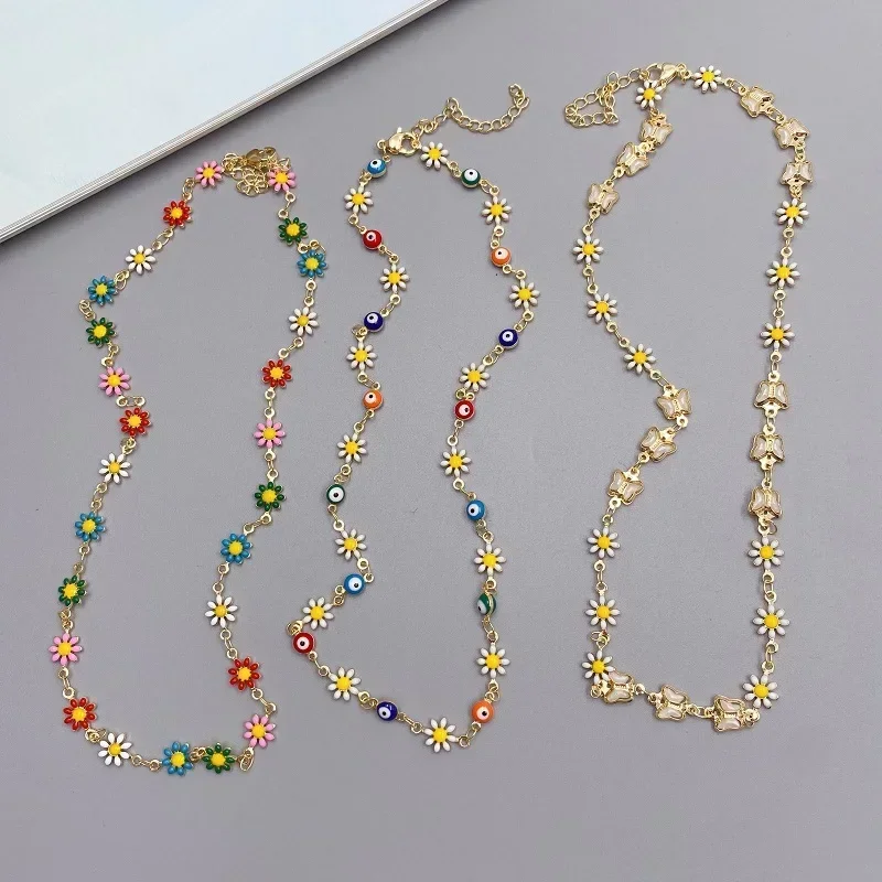 Minar Bohemian Multicolor Enamel Butterfly Daisy Evil Eye Pendant Necklaces for Women Freshwater Pearl Chokers Beach Pendientes