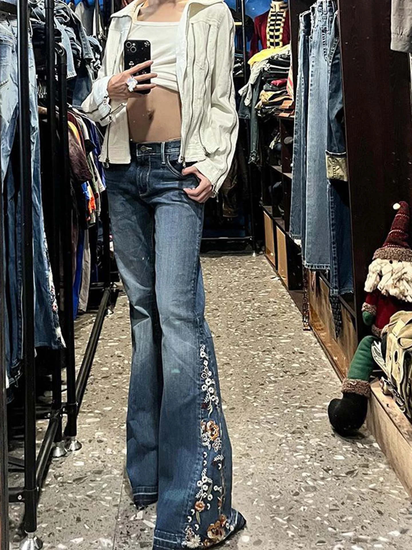 

American Retro Embroidered Denim Jeans Women's Y2K Millennium Spicy Girl Flared Floor-Length Pants Floral Design Low Waist