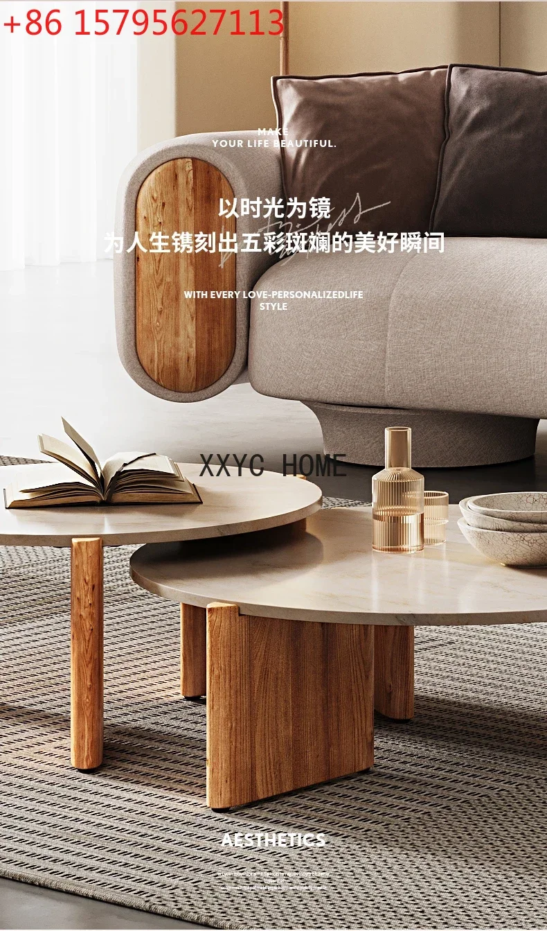 XL غرفة المعيشة الخشبية الصلبة طاولة الشاي المستديرة مزيج شقة صغيرة طاولة الشاي الحجر الطبيعي