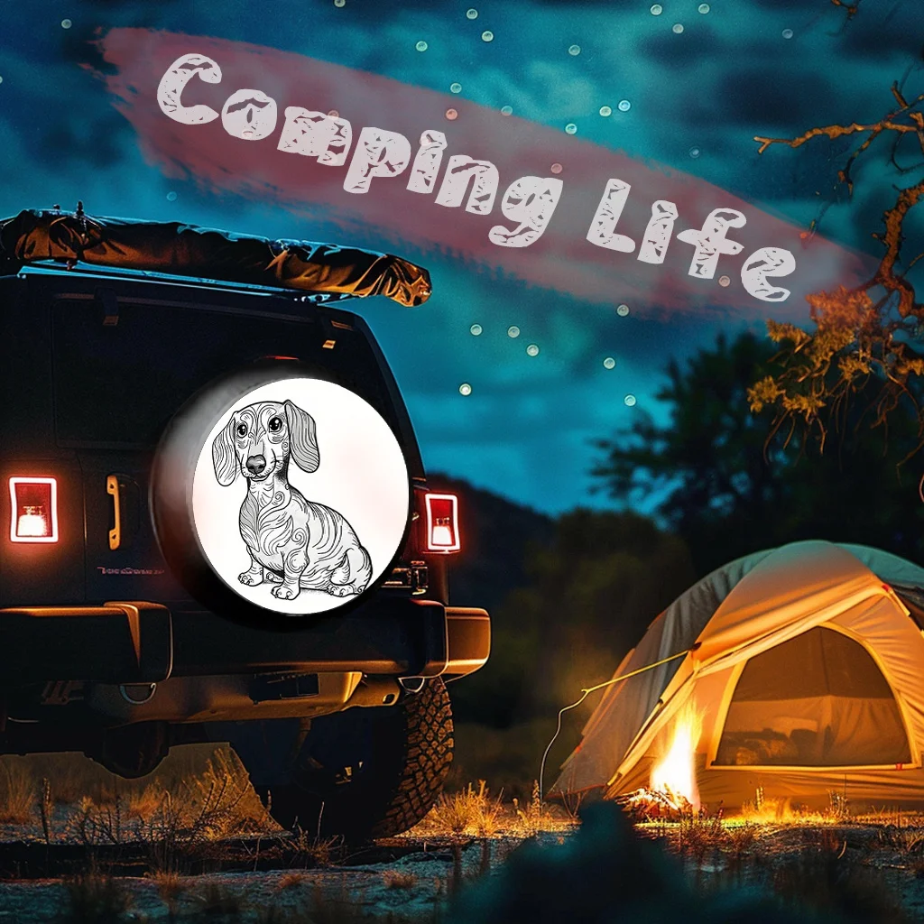 Dachshund Line Art Spare Tire Cover Swirl Pattern Black White Dog Durable Polyester Cover for RVs Trucks
