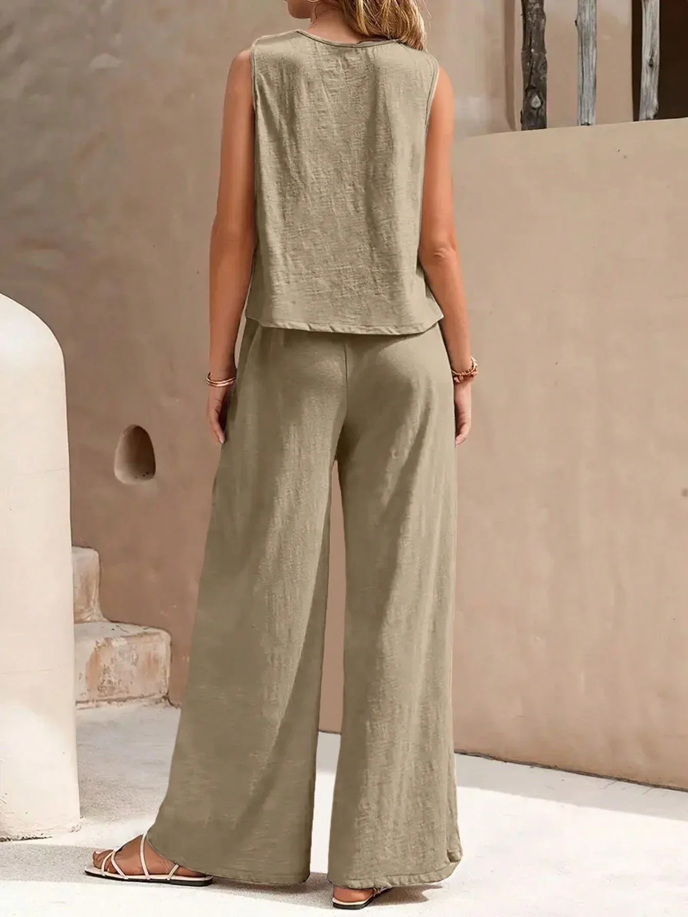 

Olive Green Sleeveless Top And Wide Leg Pants Set Casual Summer Outfit