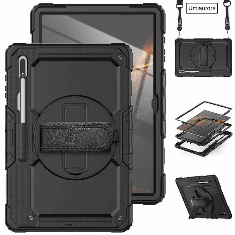 For Samsung Galaxy Tab S8 Ultra 14.6 inch SM-X900 X906 S7 FE Plus SM-T870 SM-T970 T730 Case Rotation Hand Strap Kickstand Cover