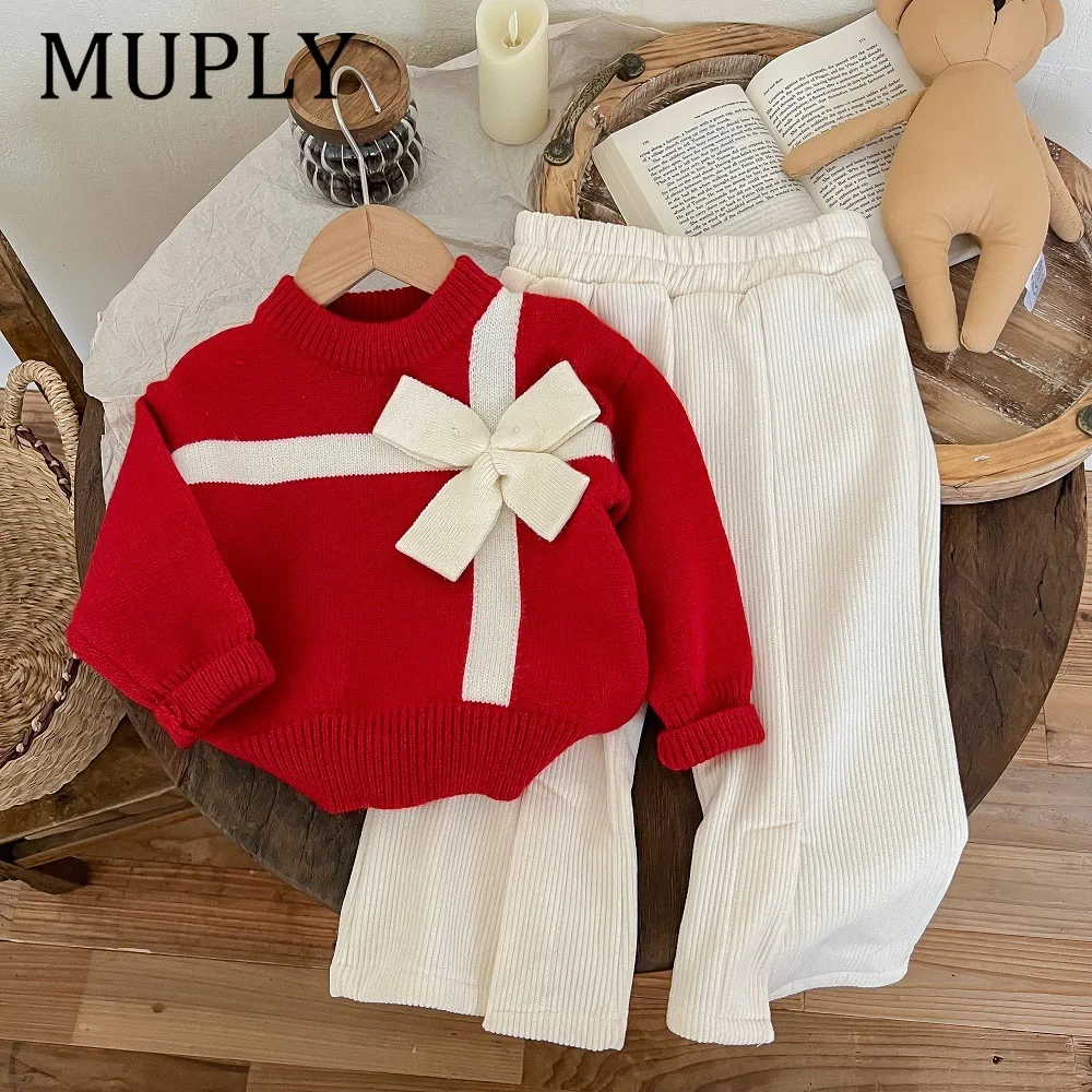 

Girls Big Bow Knitwear Coat Knitted Top Two-Piece Pants Kids' Sweater Autumn and Winter New Suit