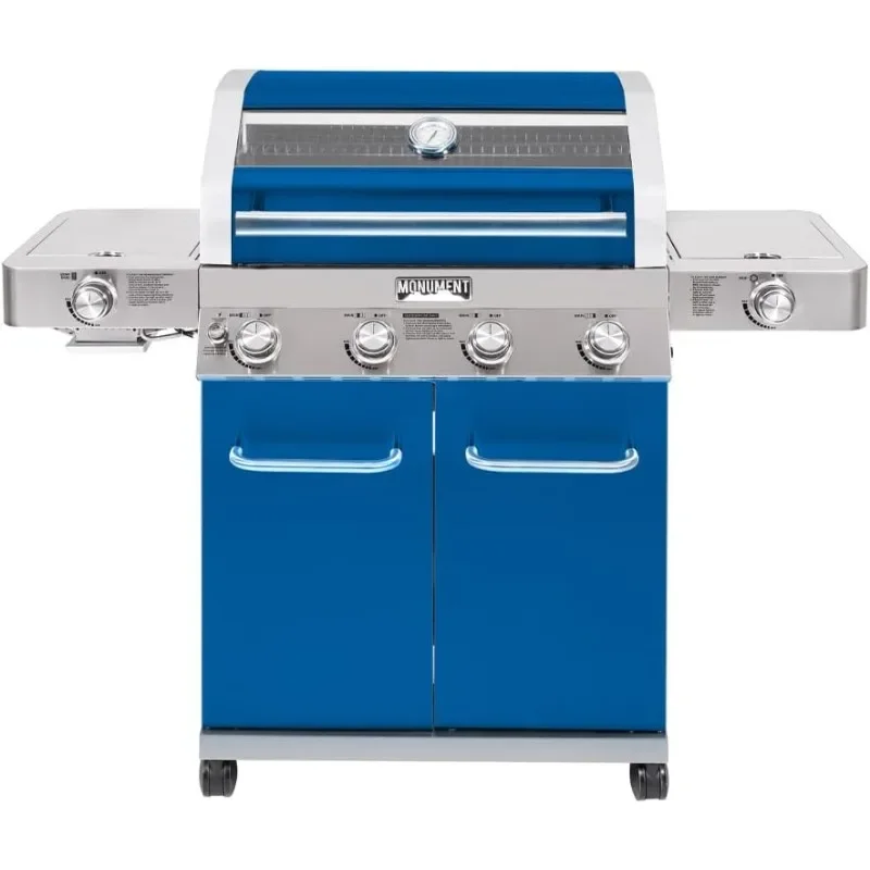 

Monument Grills Larger 4-Burner Propane Gas Grills Stainless Steel Cabinet Style with Clearview® Lid, Knob Controls