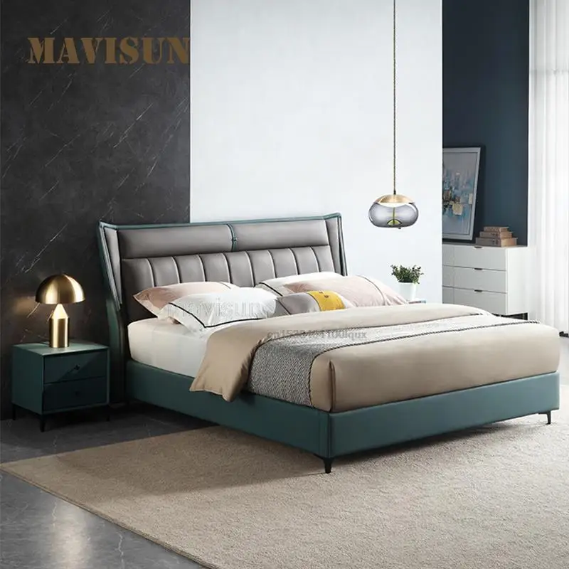 

Light Luxury Leather Art Italian Style Bedroom Minimalist Bed Modern Master Bedroom Leather Modern Solid Wood Simple Double Bed