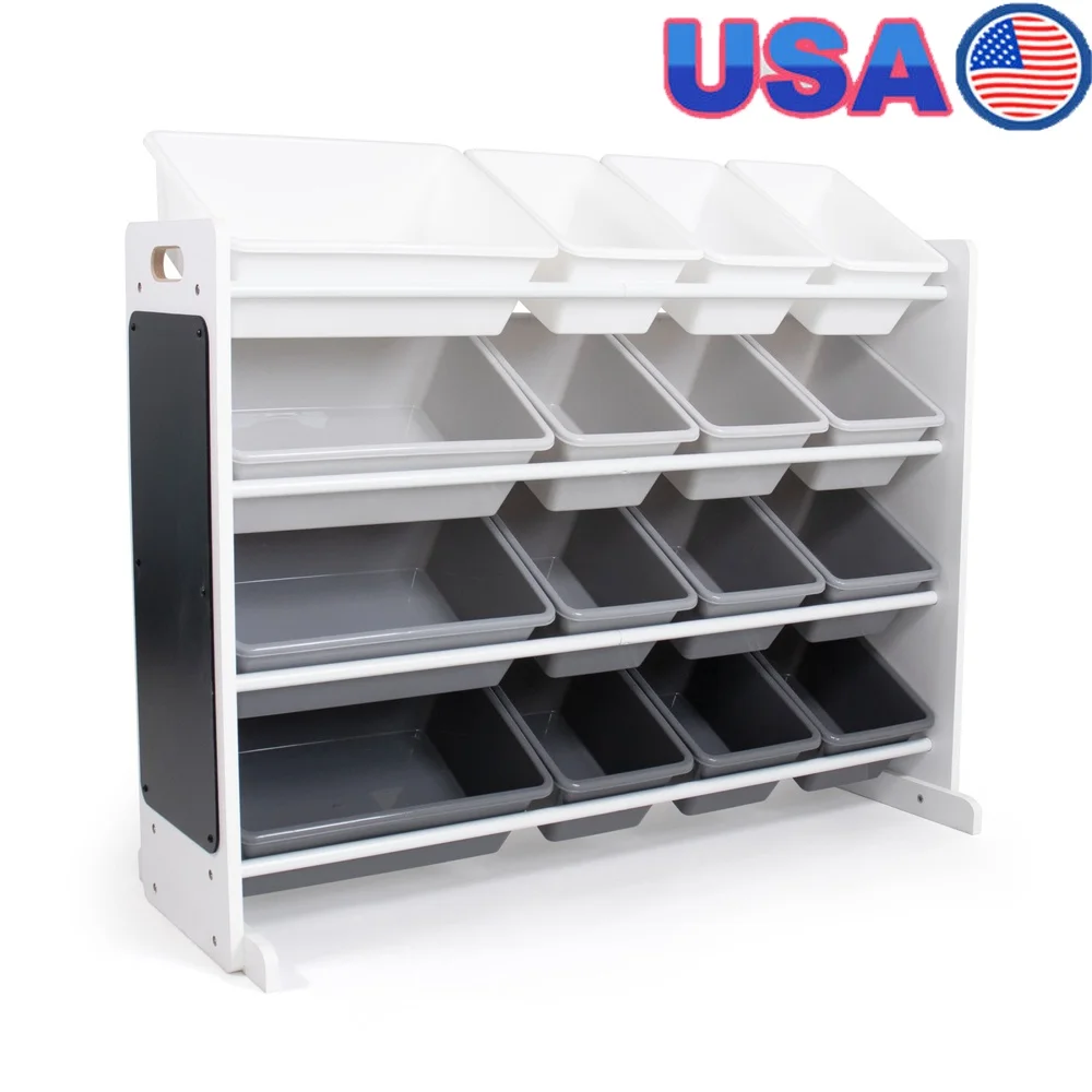 

16 Bin Toy Storage Organizer with Chalkboard Eraser 2 Chalk Included Removable Bins Easy Clean Up Durable MDF Frame Safety