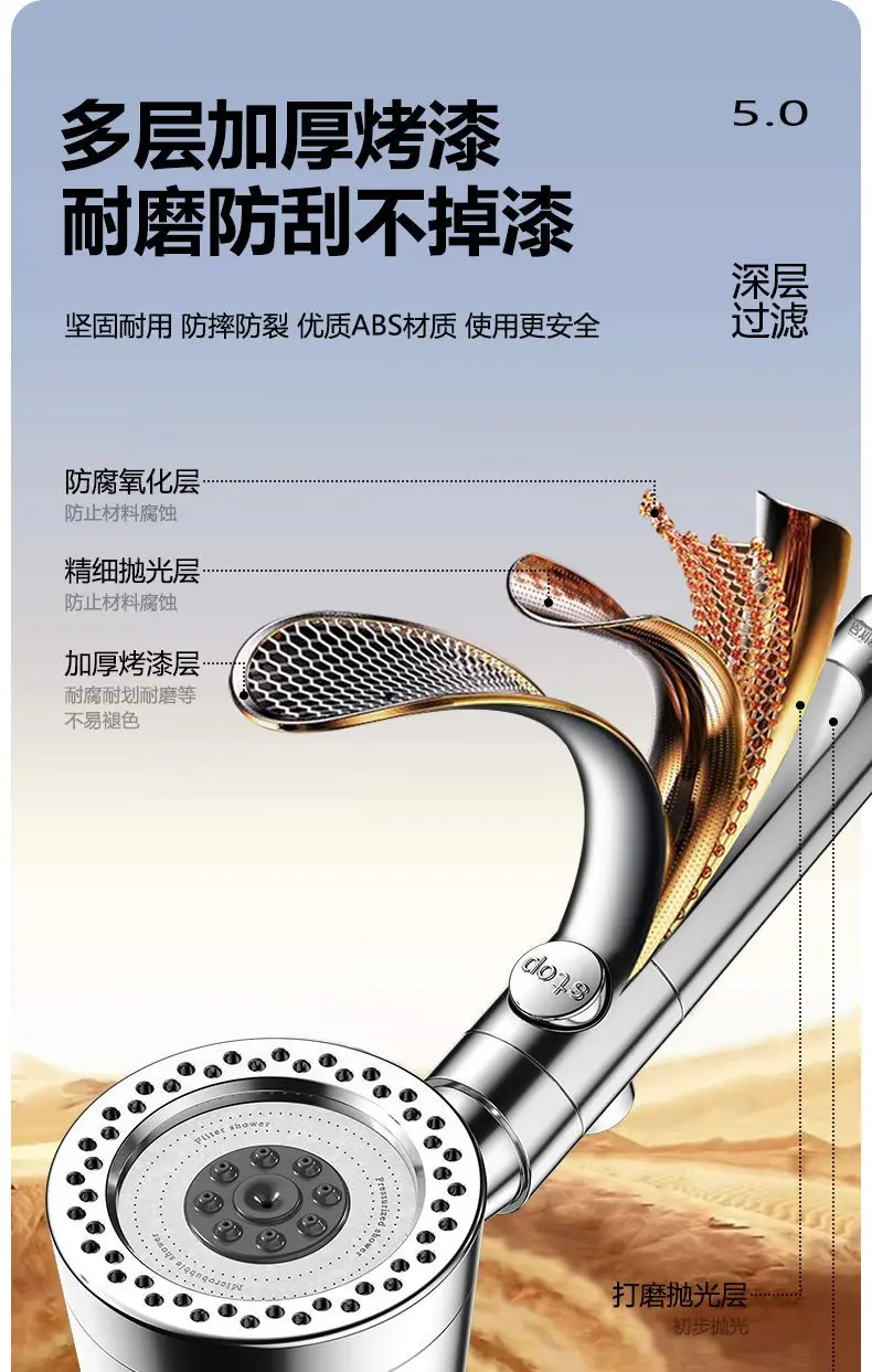 New 5 Mode Pressurized Shower Head With Filter Stop Button Water Saving Spray Nozzles Big Boost Showerhead Bathroom Accessories