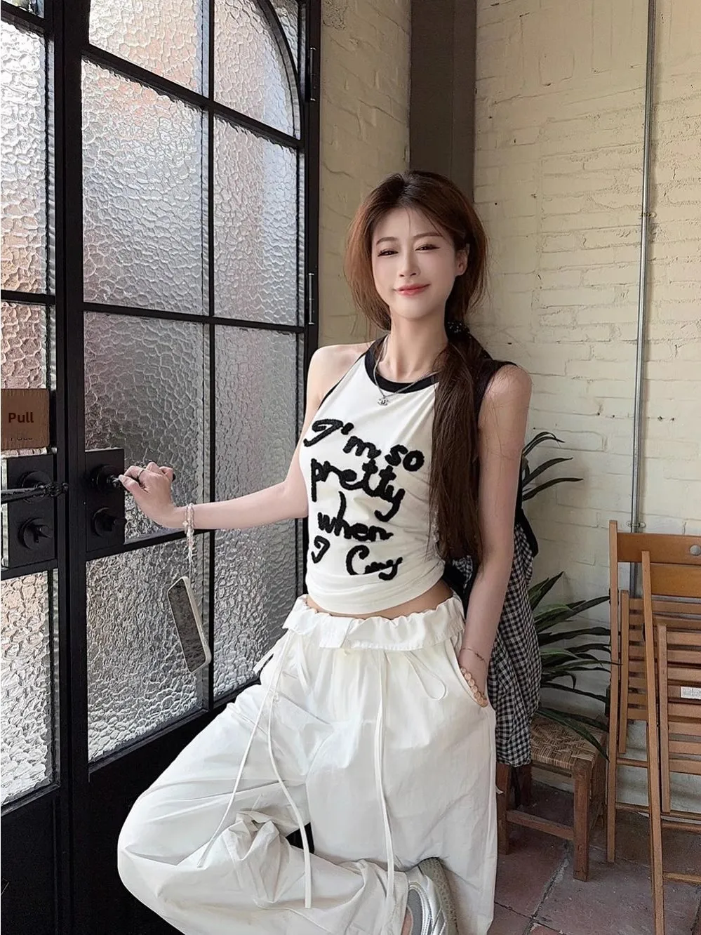 

Новинка 2025, американская ретро-вышивка букв, цветная блузка, женская летняя облегающая майка с завязками, модная милая майка Sle ort Sl...