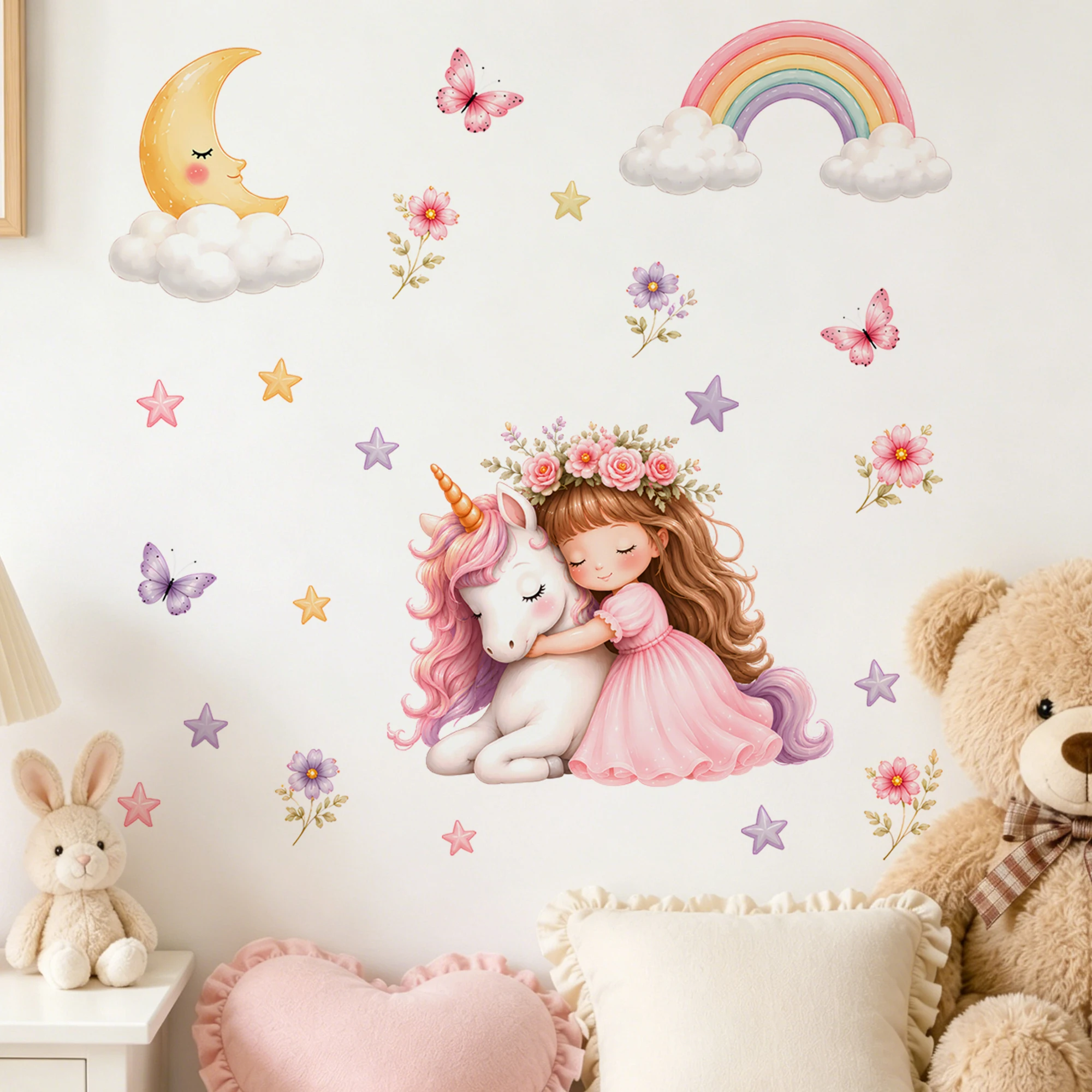 Girl & Unicorn Wall Decal - Peel and Stick Removable Watercolor Sticker Stars & Butterflies, Pastel Decor for Baby Girl Nursery