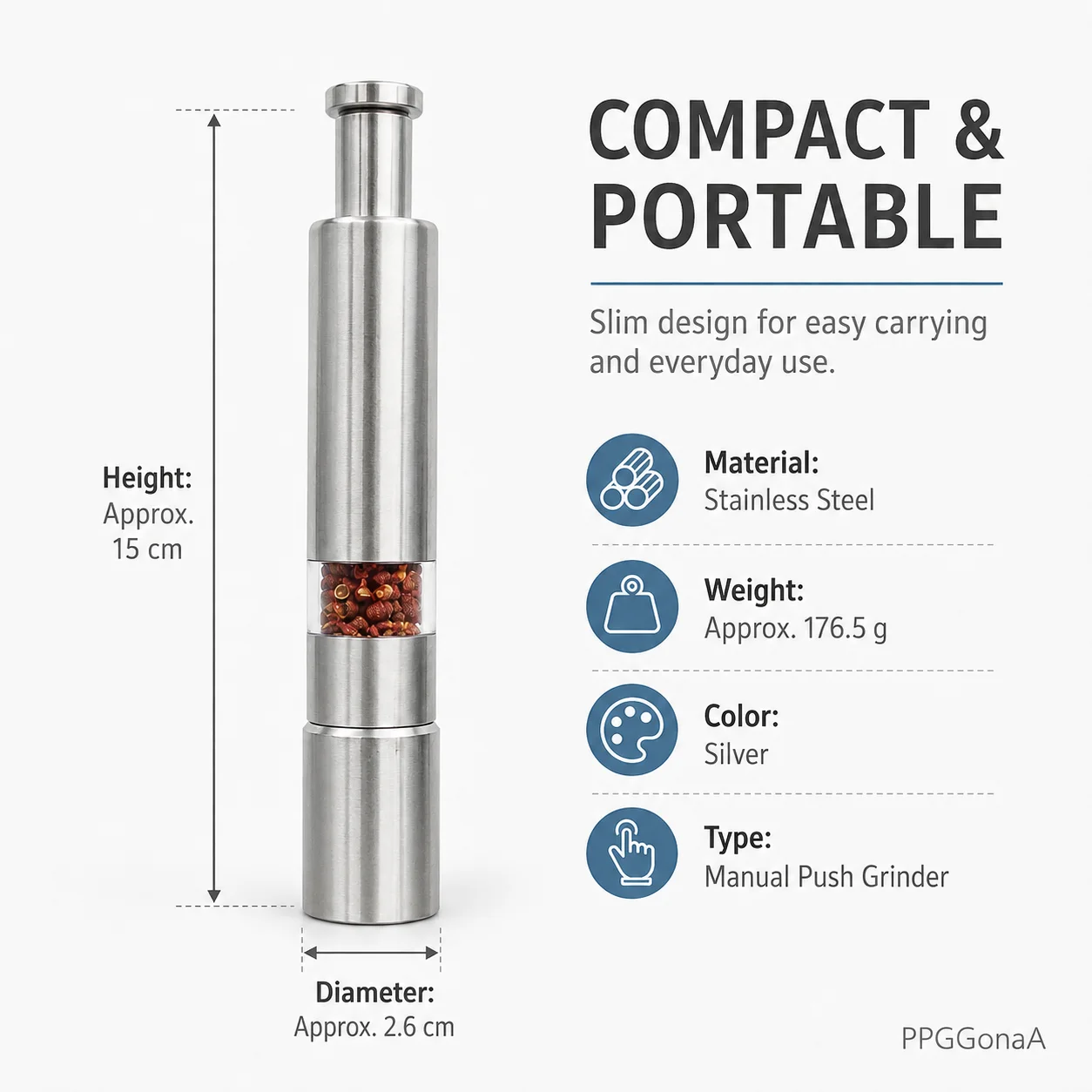 Stainless Steel Push Pepper Grinder Manual One Hand Spice Mill for Black Pepper  Pepper Kitchen Camping BBQ