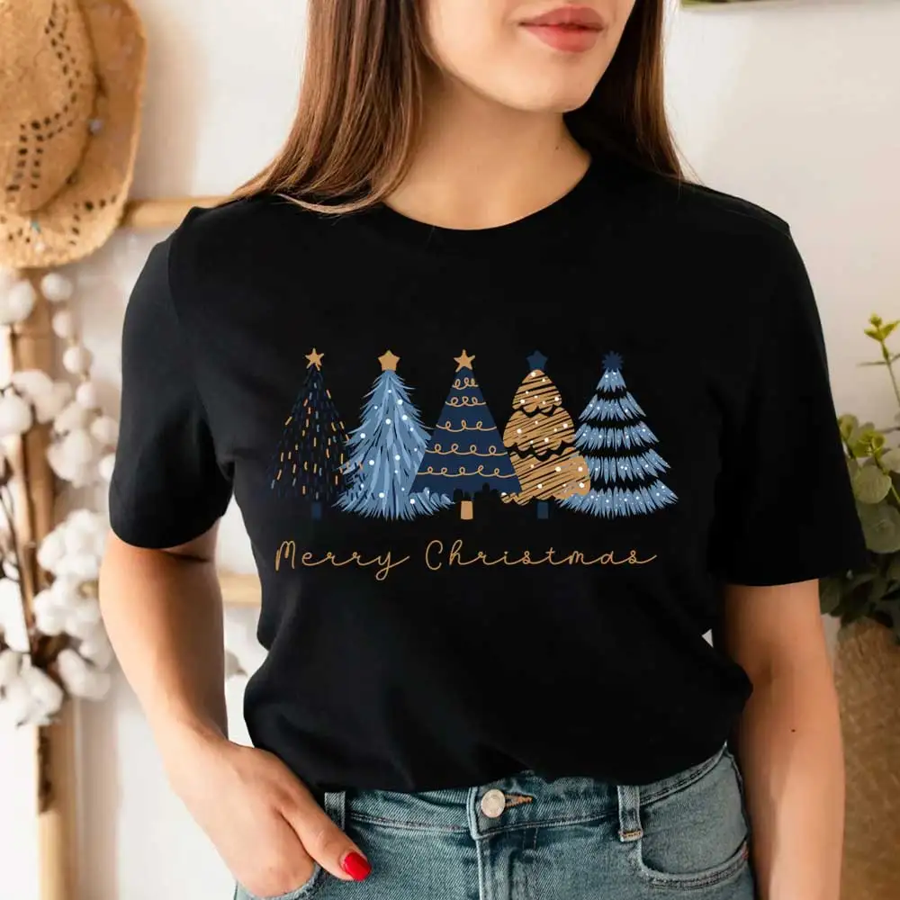 Merry Christmas Iron-on Transfer For Clothing DIY A-Level Washable T-shirt Thermal Sticker Blue And Gold Christmas Trees Patches