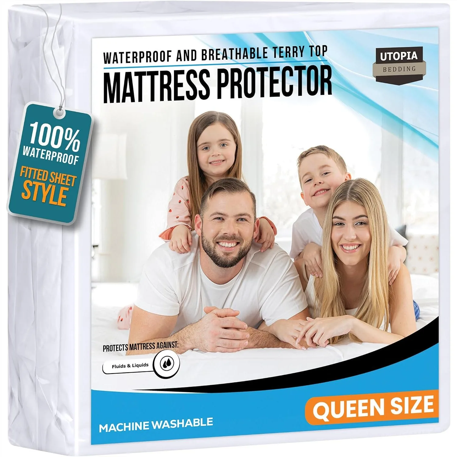 Queen Size Mattress Protector Waterproof, Soft Breathable Terry Cover with Deep Pockets 17", Fitted Sheet Style