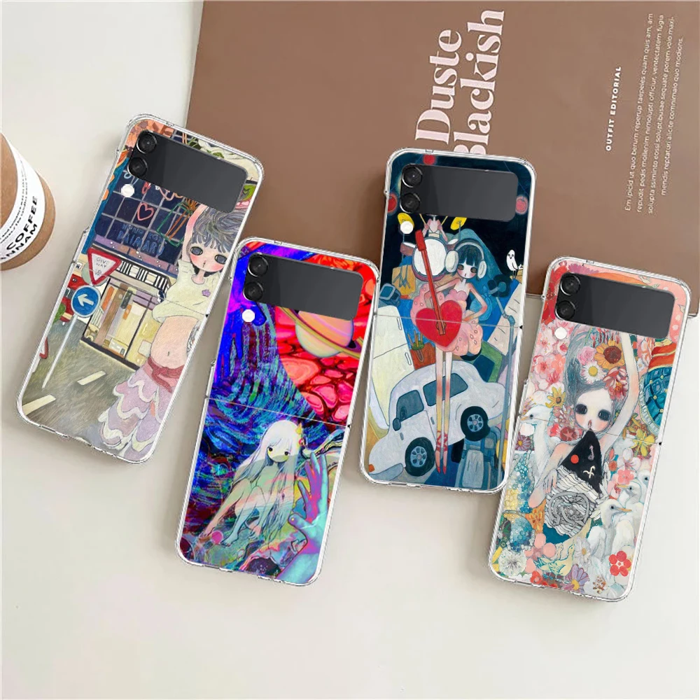 Aya Takano Hard PC Phone Case For Samsung Galaxy Z Flip 5 4 3 Transparent Cover For Galaxy Z Flip 6 Foldable Shockproof Case Bag