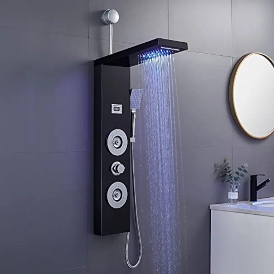 

Retrofit Shower Panel with LED Rain Shower 2 Body Jets and Handheld Easy Connect Stainless Shower Tower Column with Temperature