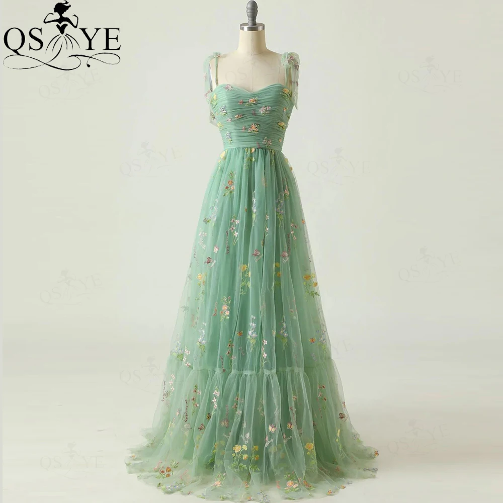 Mint Green A line Prom Dresses Cute Fresh Look Floral Pattern Lace Shoulder Straps Evening Gown Ruched Tulle Long Party Gown