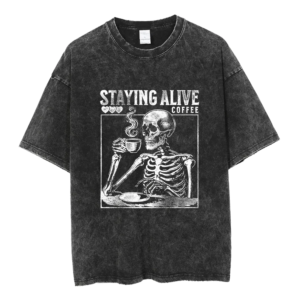 Coolmind U0020 100% Cotton Acid Washed Skull Print Men T Shirt Exclusive Graphic Streetwear Vintage Men Tshirt Tee Shirts