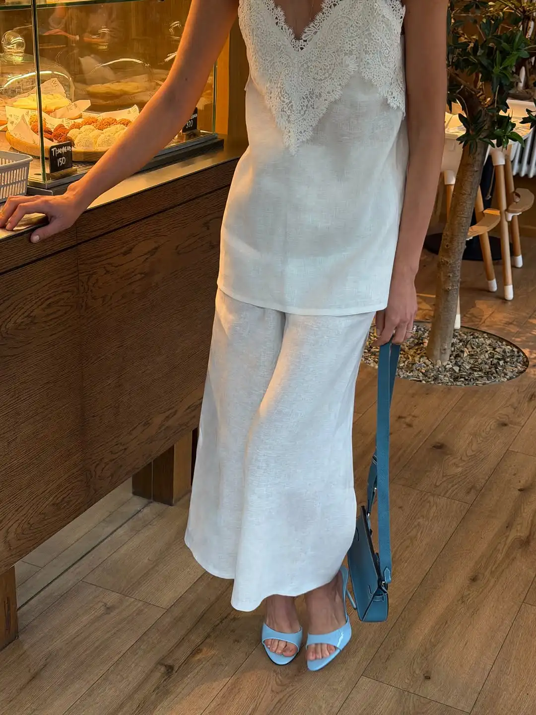 Women White Linen 2 Piece Set Spaghetti Strap V Neck Lace Trim Cami Top Wide Leg High Waist Pants Casual Boho Vacation Outfits