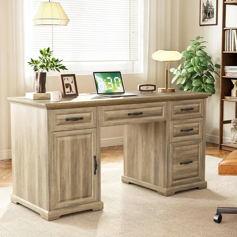 

60″ Farmhouse Executive Desk, Home Office Desk with Storage Cabinet, Charging Station, Adjustable Shelf, and File Drawer