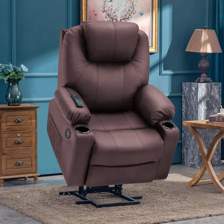 Electric Power Lift Recliner Chair Sofa with Massage and Heat for Elderly, 3 Positions, 2 Side Pockets, and Cup Holders,