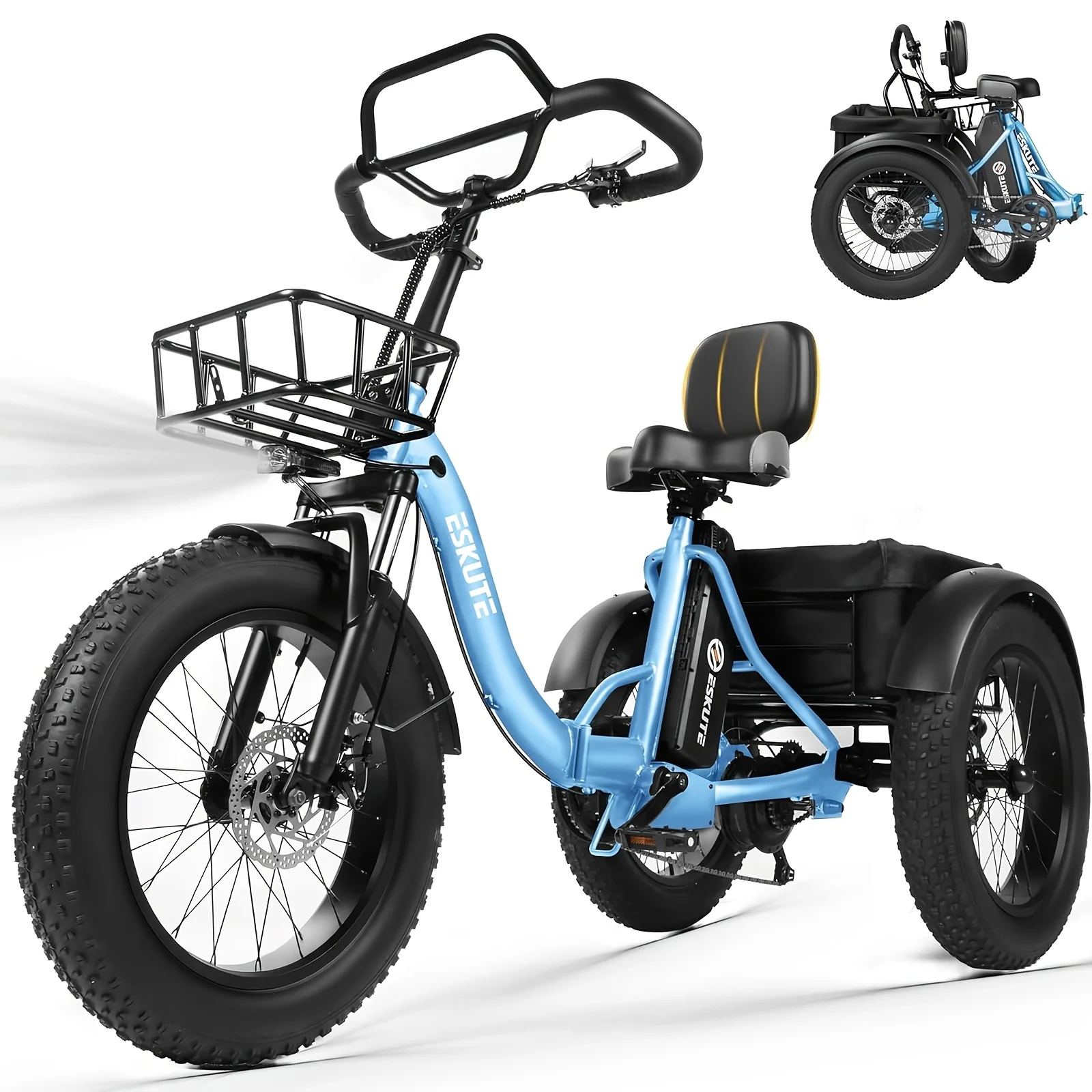 

ESKUTE T300 Pro Electric Trike for Adults, 48V 20.8AhWh Removable Battery, 749W Peak Motor, 20"x4.0" Tires, Foldable 3-Wheel But