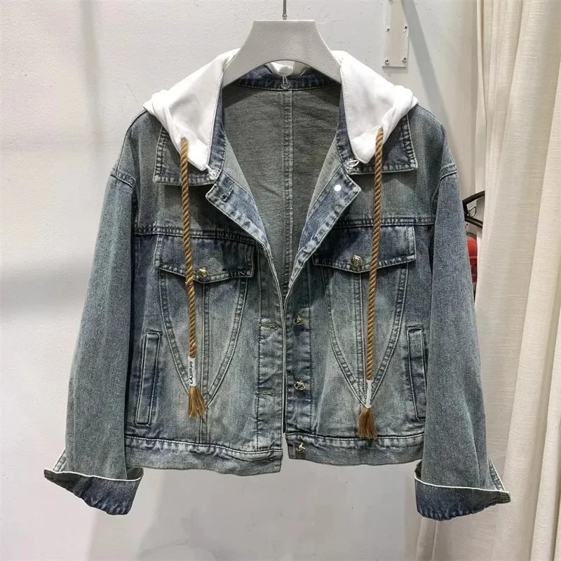 Falso duas jaqueta jeans com capuz feminino, manga comprida, tops curtos soltos de cowboy, casaco casual básico, roupas para primavera, outono, novo