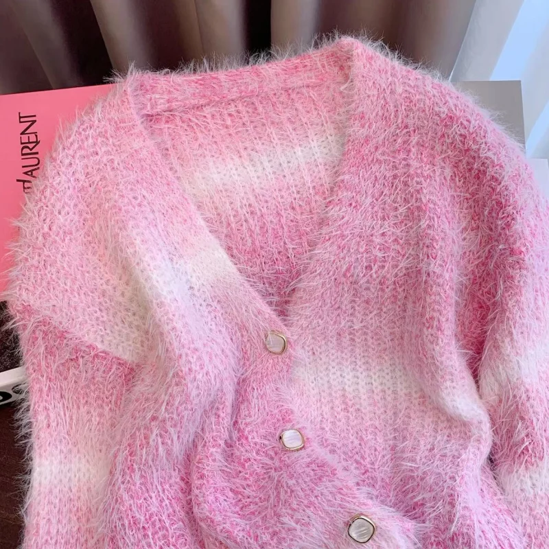 Women's Fashion New Style Recreational Temperament Blue Knitted V-neck Sweater Stripe Coat Contrasting Colors Winter Pink Top