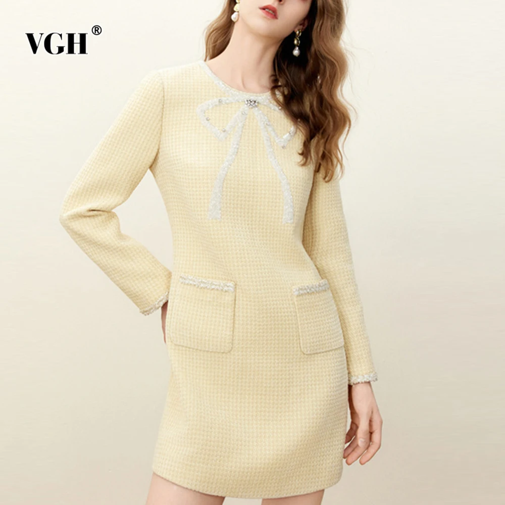 

VGH Solid Slimming Elegant Printing Dresses For Women Round Neck Long Sleeve High Waist Temperament Dress Female Fashion Style