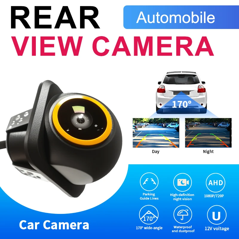 Car Rear View Camera,170° Fisheye AHD/CVBS Signal,HD Night Vision&Waterproof ,Straw Hat Shape Drill Mount Camera