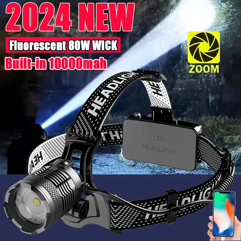 2024 Ultra Powerful LED Headlamp Super Bright Long Range Head Flashlight USB Rechargeable Head Torch Fishing Hunting Head Light